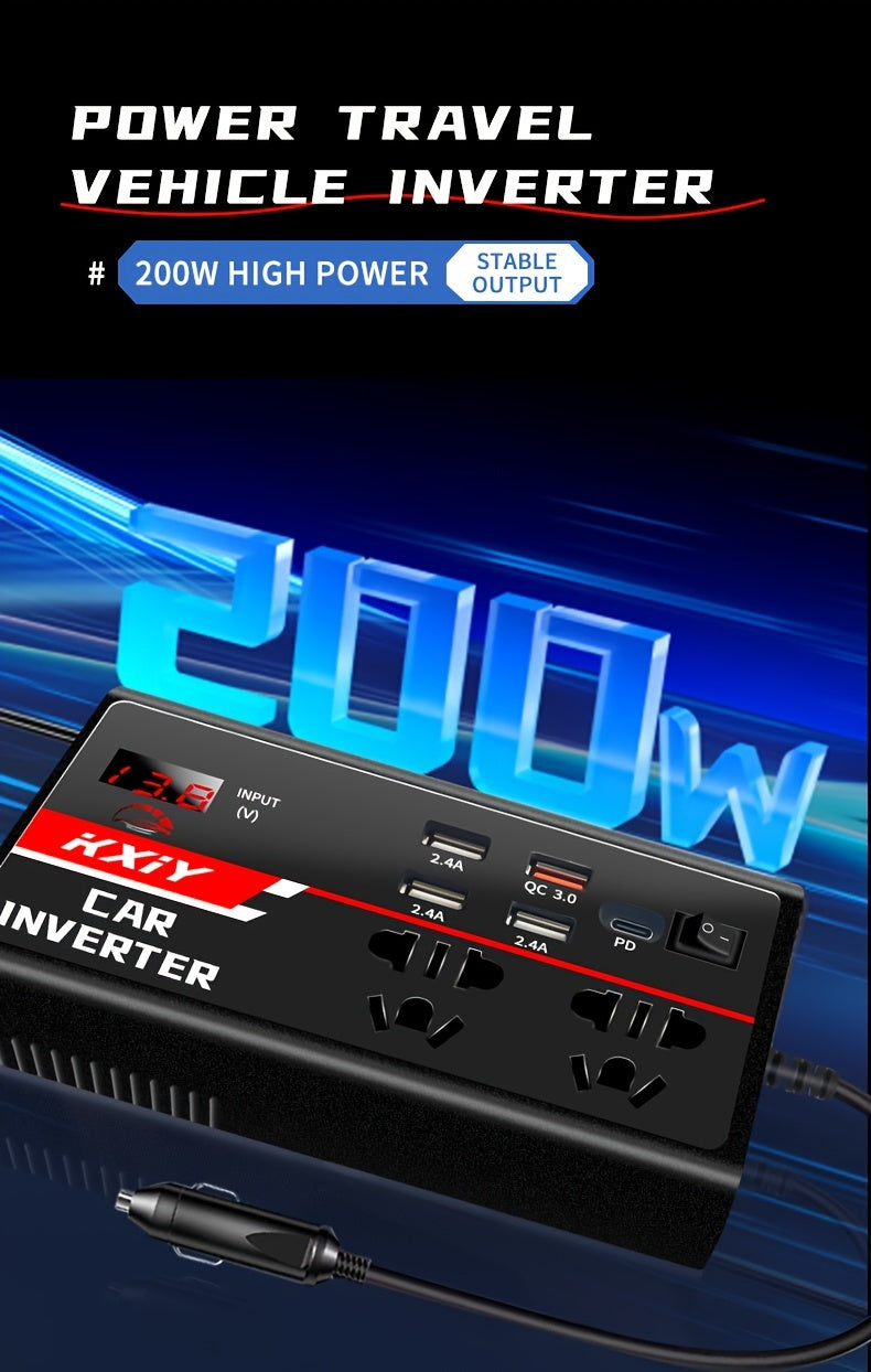 Onduleur de voiture 200 W AC : convertisseur de puissance 12 V DC à 110 V 24 V DC à 220 V, avec écran LED et 4 ports USB 1 PD pour une charge rapide, Kxiy