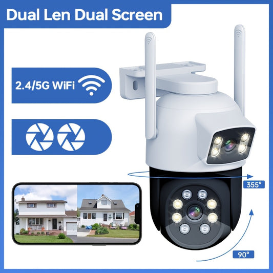 Caméra de sécurité domestique intelligente à double objectif 4MP - Panoramique/inclinaison à 360°, Wi-Fi extérieur sans fil, vision nocturne couleur, suivi de mouvement, audio bidirectionnel, stockage SD/Cloud, étanchéité IP65