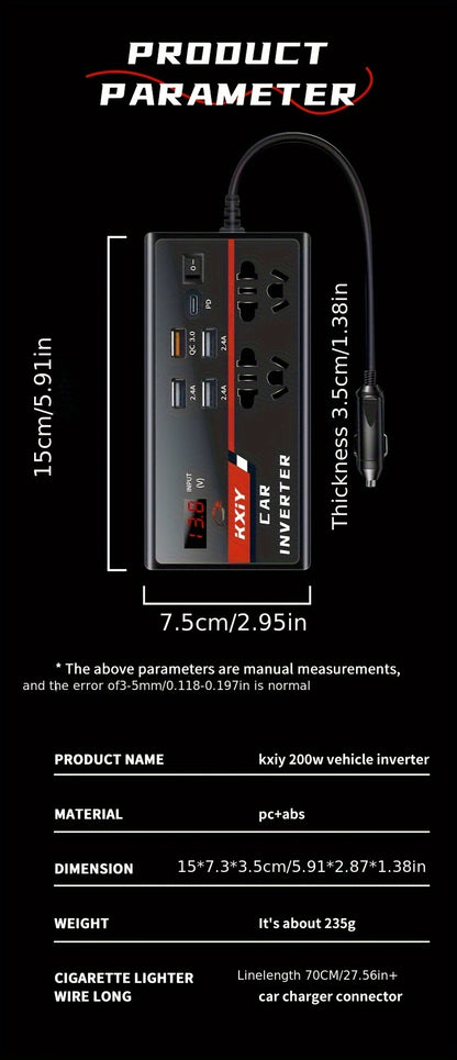 Onduleur de voiture 200 W AC : convertisseur de puissance 12 V DC à 110 V 24 V DC à 220 V, avec écran LED et 4 ports USB 1 PD pour une charge rapide, Kxiy