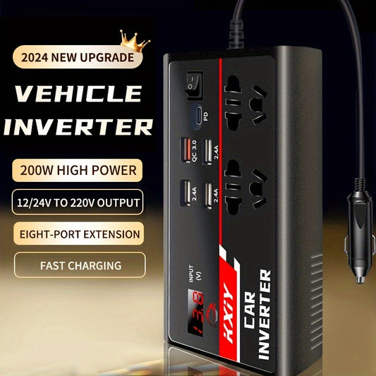 Onduleur de voiture 200 W AC : convertisseur de puissance 12 V DC à 110 V 24 V DC à 220 V, avec écran LED et 4 ports USB 1 PD pour une charge rapide, Kxiy