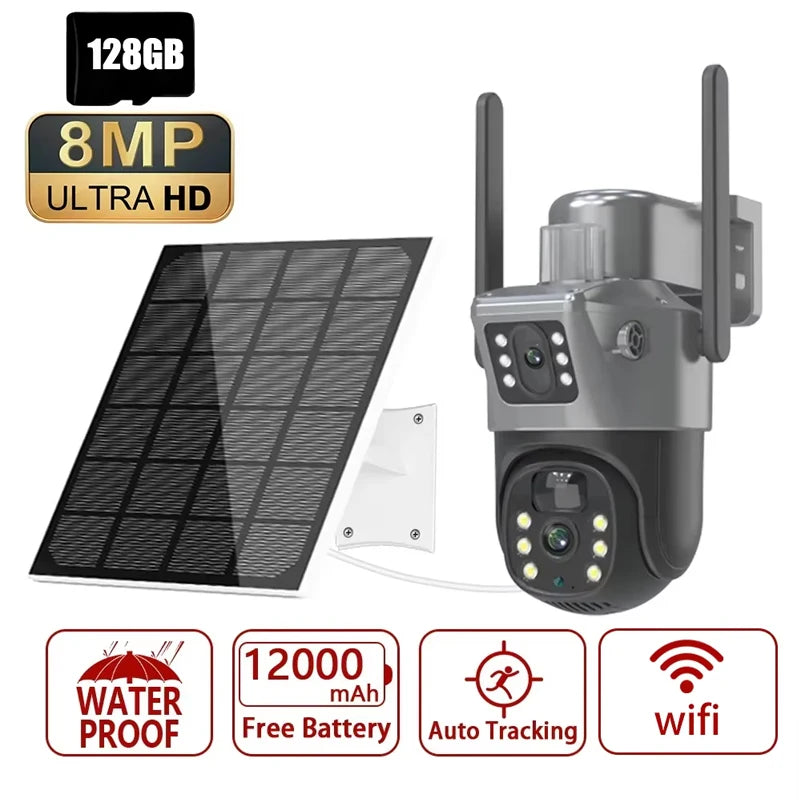 Caméra solaire double écran 4K 8MP Caméra de surveillance extérieure sans fil WiFi PTZ à double objectif Protection de sécurité Suivi automatique Caméras de vidéosurveillance