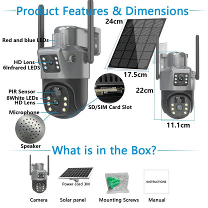 Caméra solaire double écran 4K 8MP Caméra de surveillance extérieure sans fil WiFi PTZ à double objectif Protection de sécurité Suivi automatique Caméras de vidéosurveillance