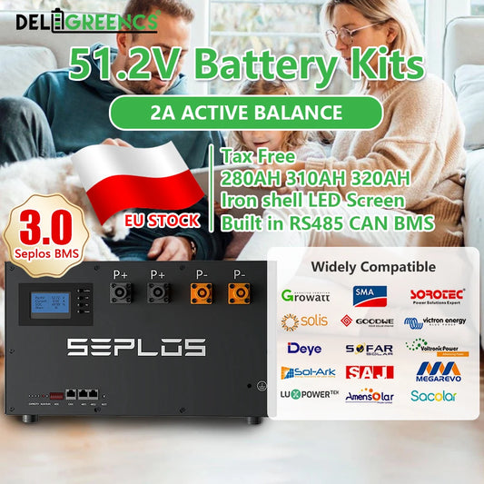 Poland Lifepo4 Battery 48V Stacked Battery Kits Case 280AH 310AH 320AH 3.0 Seplos BMS 2A Active Balancer Solar D eye  G rowatt