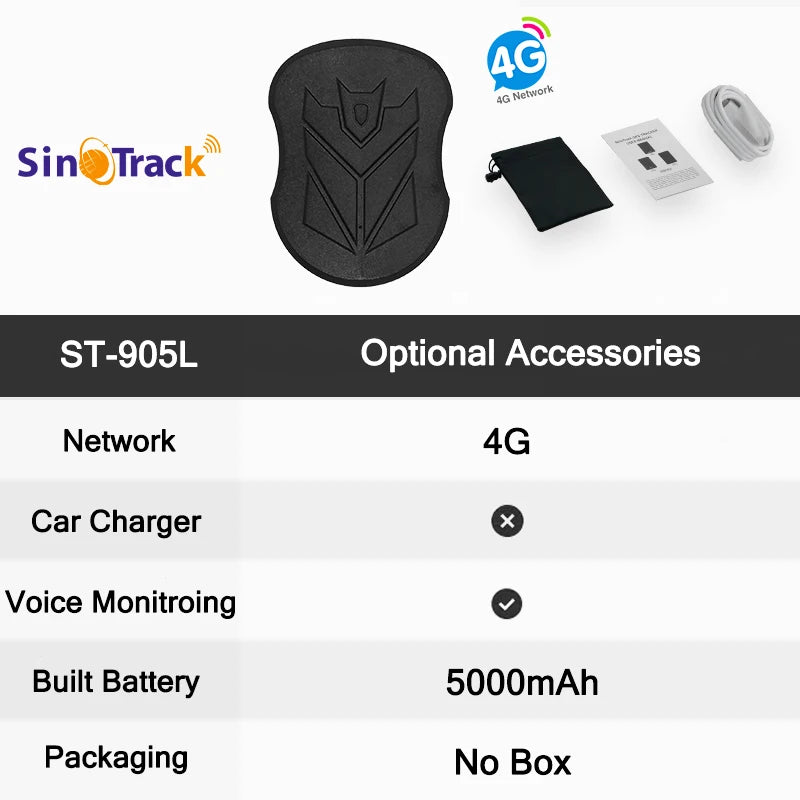 SinoTrack 4G 5000/10000 mAh ST-905/ST-915 Tracker de véhicule GPS étanche Aimant Batterie longue durée en veille Position en temps réel APP