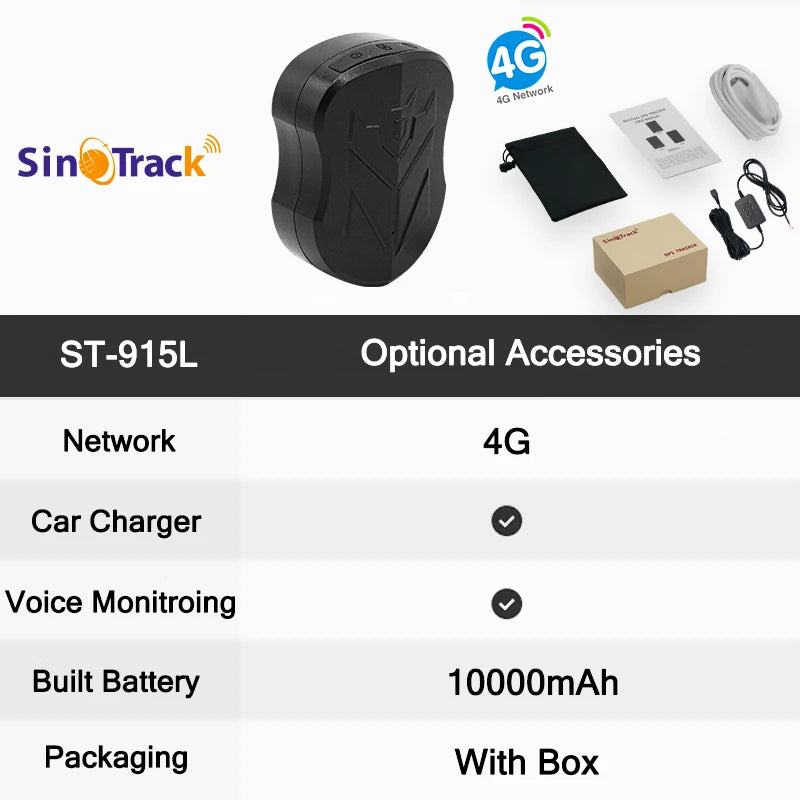 SinoTrack 4G 5000/10000 mAh ST-905/ST-915 Tracker de véhicule GPS étanche Aimant Batterie longue durée en veille Position en temps réel APP