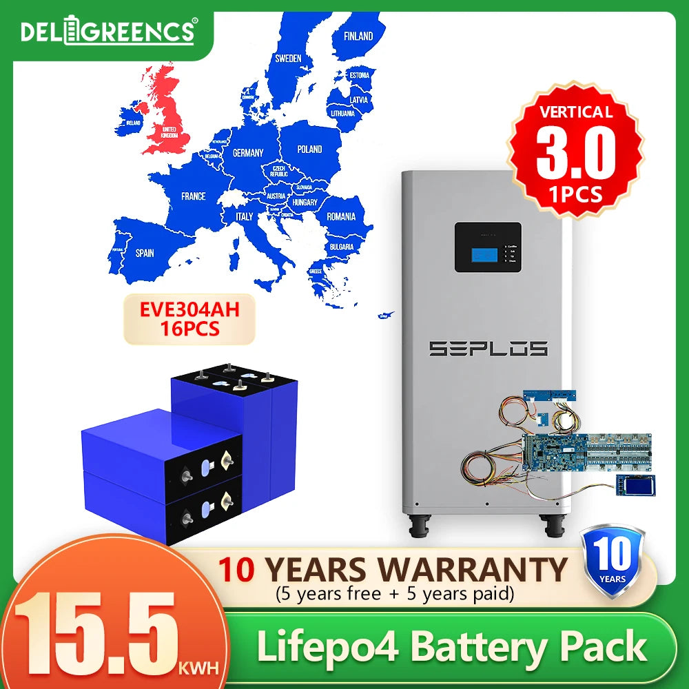 Pologne 3.0 Batterie Lifepo4 Seplos Kits de batterie 48V 280AH 304AH Power Bank 2A ​​Active Balancer Batteries rechargeables Solaires