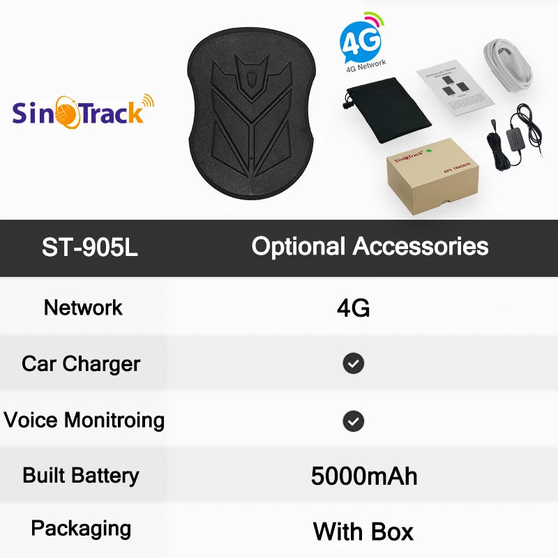 SinoTrack 4G 5000/10000 mAh ST-905/ST-915 Tracker de véhicule GPS étanche Aimant Batterie longue durée en veille Position en temps réel APP