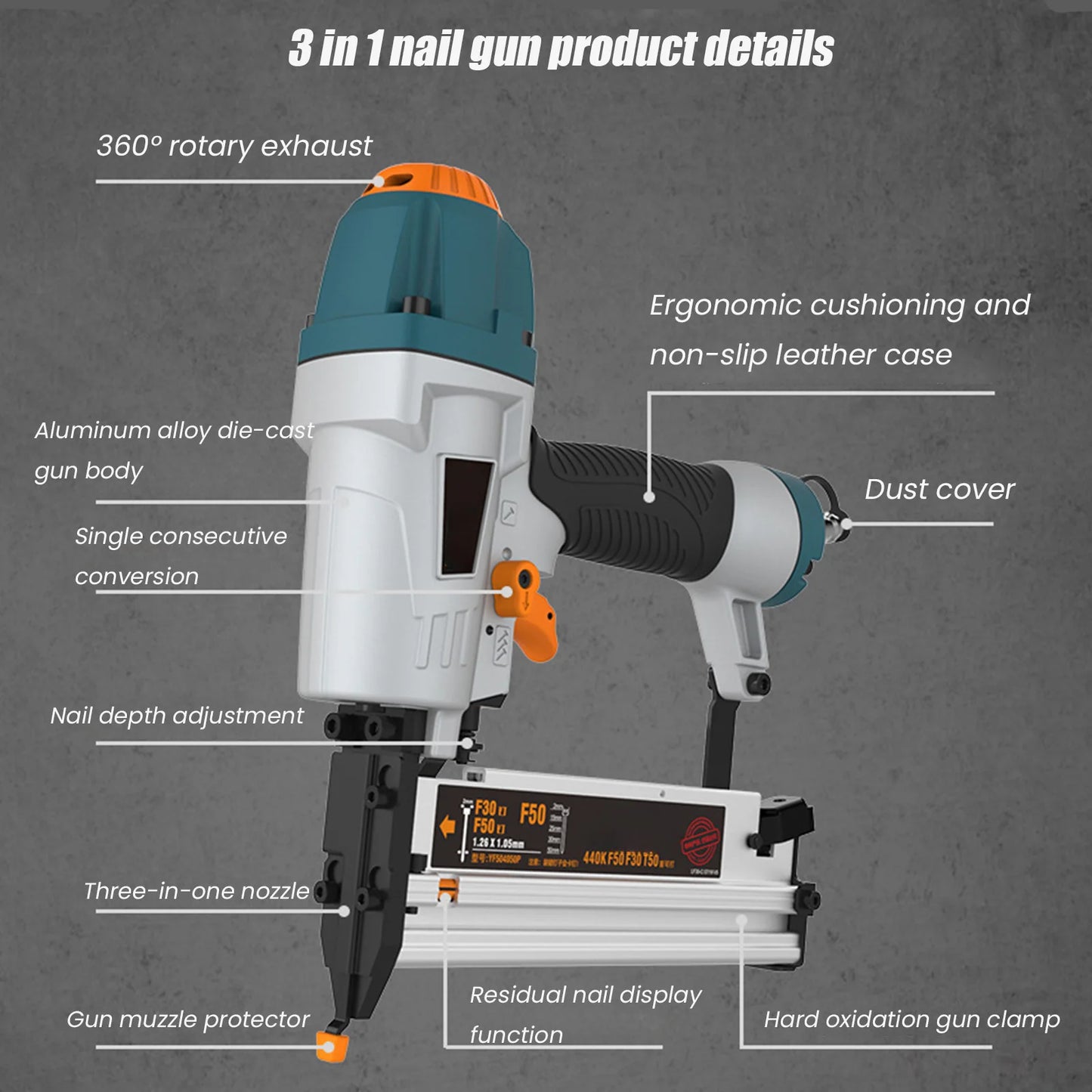 Air Nailer Carpenter Pneumatic Nail Machine T50 F50 440K 16Ga/18Ga Air Brads Nailer Nail Depth for Woodworking Fence Floor