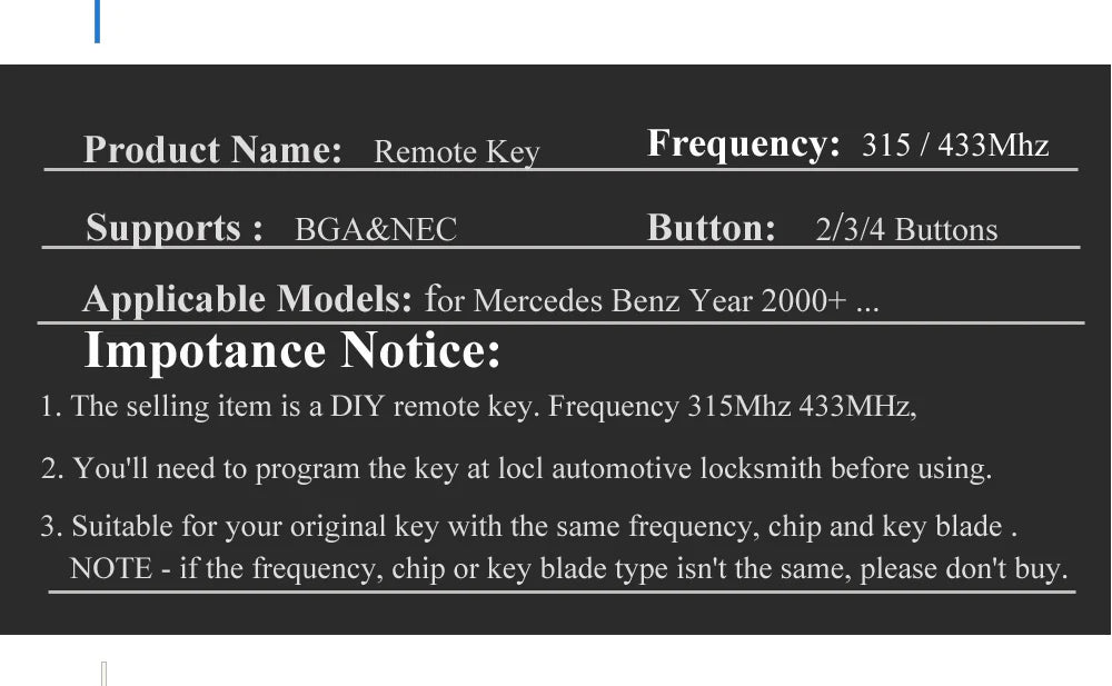 jingyuqin BGA Style 2/3/4 Buttons Remote Smart Car Key 315Mhz / 433MHz for MB Mercedes BENZ C E S 2Supports Original NEC BGA Fob