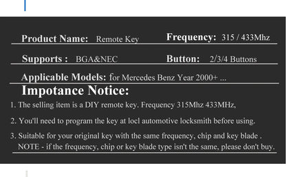 jingyuqin BGA Style 2/3/4 Buttons Remote Smart Car Key 315Mhz / 433MHz for MB Mercedes BENZ C E S 2Supports Original NEC BGA Fob