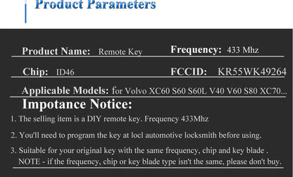 Clé télécommande intelligente à 5 boutons 433 MHz ID46 Chip pour Volvo XC60 S60 S60L V40 V60 S80 XC70 KR55WK49264 