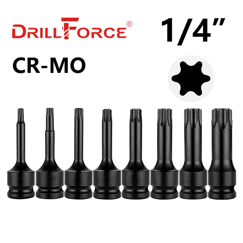 Drillforce 1/4" Drive Impact Torx Socket Bit Wrench Pneumatic Adapter Home Car Auto Repair Tools T20/T25/T30/T40/T45/T50/T55/T60