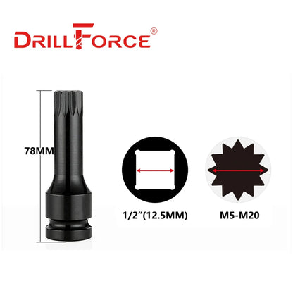 Clé à douille à cannelures à chocs 1/2" Drillforce Adaptateur pneumatique M5/M6/M7/M8/M9/M10/M11/M12/M13/M14/M15/M16/M17/M18/M20