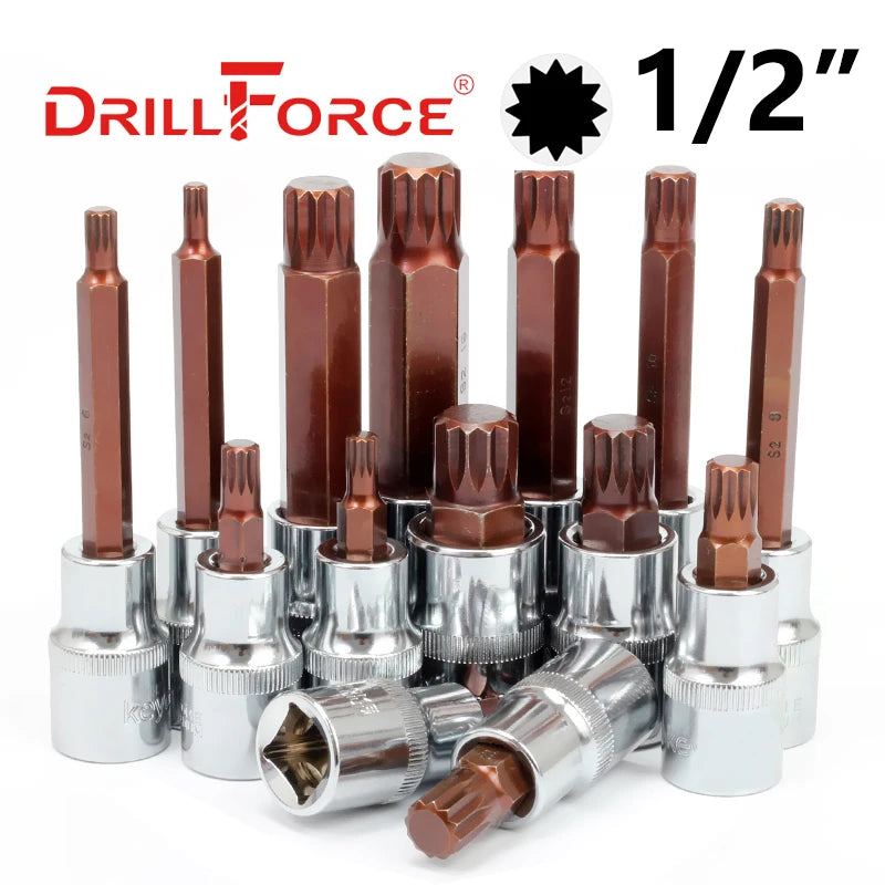 Drillforce 1/2" Drive Torx Socket Bit S2 Adaptor Cheie Cheie Instrumente de reparare T20/T25/T27/T30/T35/T40/T45/T50/T52/T55/T60/T70