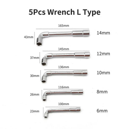 5Pcs Crv Frosted Surface Pipe Wrench L Type 7-Shaped Perforation Elbow Double Head Hexagon Socket Wrench Set 6 8 10 12 14mm