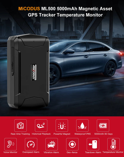 Tracker GPS pour voiture MiCODUS ML500, moniteur de température et de voix, 5000 mAh, 90 jours d'autonomie en veille, aimant, localisateur GPS, application Web gratuite