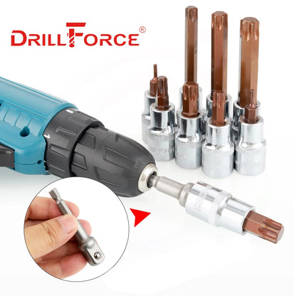 Drillforce 1/2" Drive Torx Socket Bit S2 Adaptor Cheie Cheie Instrumente de reparare T20/T25/T27/T30/T35/T40/T45/T50/T52/T55/T60/T70