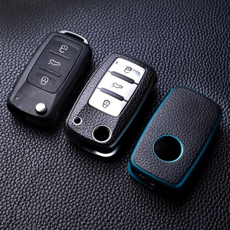 Leather Car Key Case Car Key Full Cover Protection Bag for VW Volkswagen Polo Tiguan Passat Golf Jetta Lavida Skoda Octavia