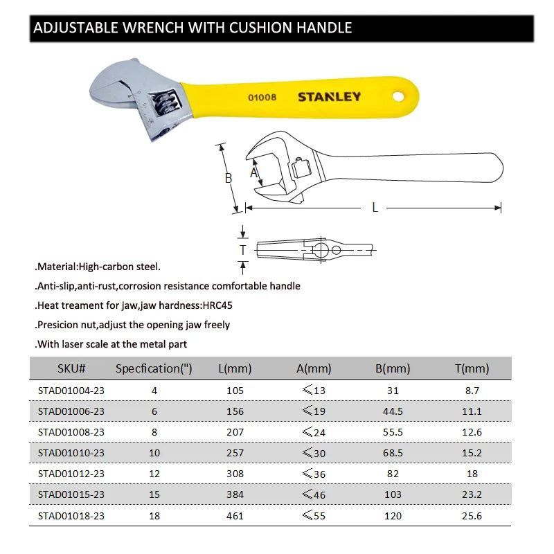 Stanley american brand nut adjustable wrench universal mini small big spanner wrench adjustable head jaw repair tool wrench car