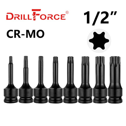 Drillforce 1/4" Drive Impact Torx Socket Bit Wrench Pneumatic Adapter Home Car Auto Repair Tools T20/T25/T30/T40/T45/T50/T55/T60