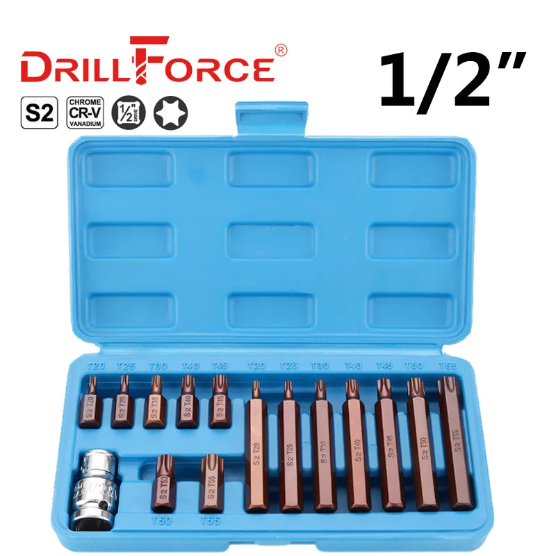 Drillforce 1/2" Drive Torx Socket Bit S2 Adaptor Cheie Cheie Instrumente de reparare T20/T25/T27/T30/T35/T40/T45/T50/T52/T55/T60/T70