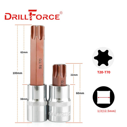 Drillforce 1/2" Drive Torx Socket Bit S2 Adaptor Cheie Cheie Instrumente de reparare T20/T25/T27/T30/T35/T40/T45/T50/T52/T55/T60/T70