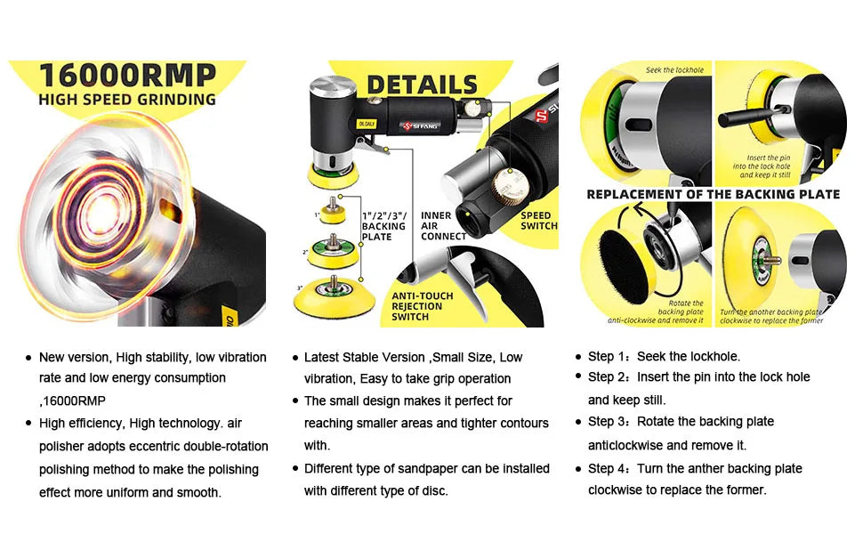 Nouvelle ponceuse pneumatique orbitale Mini 1"/2"/3" Ensemble de rectifieuse pneumatique pour polissage de voiture Polisseuse pneumatique haute vitesse Outil pneumatique