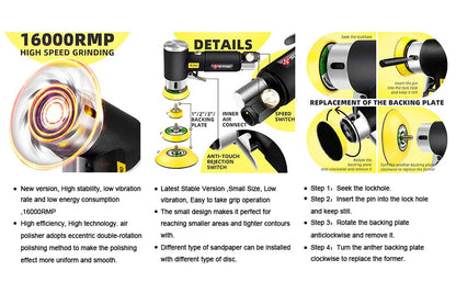 Nouvelle ponceuse pneumatique orbitale Mini 1"/2"/3" Ensemble de rectifieuse pneumatique pour polissage de voiture Polisseuse pneumatique haute vitesse Outil pneumatique