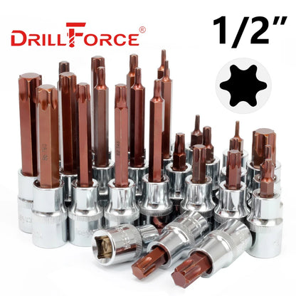 Drillforce 1/2" Drive Torx Socket Bit S2 Adaptor Cheie Cheie Instrumente de reparare T20/T25/T27/T30/T35/T40/T45/T50/T52/T55/T60/T70