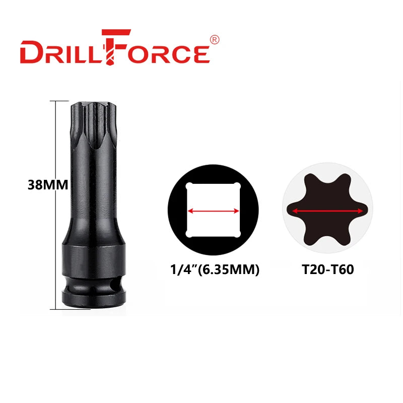 Drillforce 1/4" Drive Impact Torx Socket Bit Wrench Pneumatic Adapter Home Car Auto Repair Tools T20/T25/T30/T40/T45/T50/T55/T60