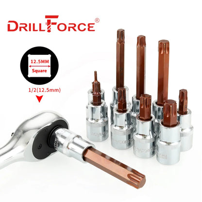 Drillforce 1/2" Drive Torx Socket Bit S2 Adaptor Cheie Cheie Instrumente de reparare T20/T25/T27/T30/T35/T40/T45/T50/T52/T55/T60/T70