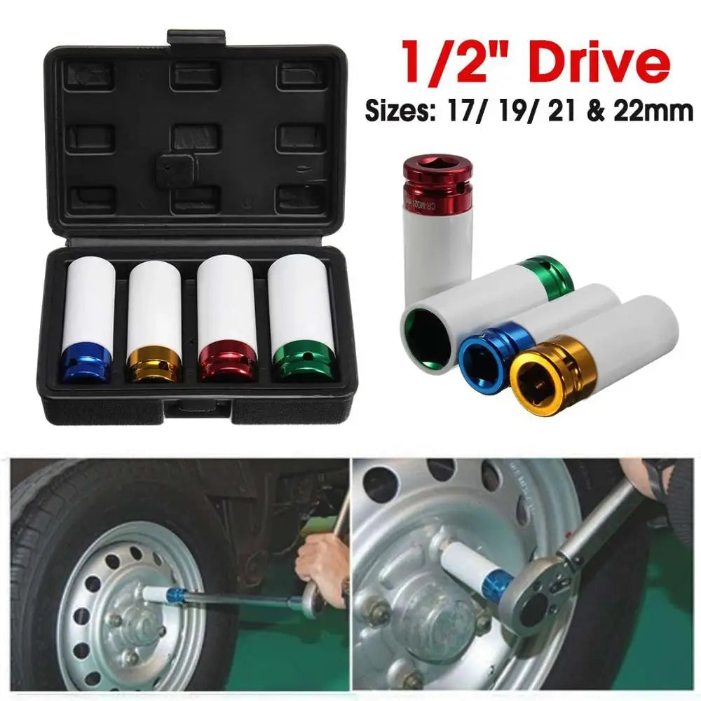 Auto Car 4Pcs/set 17-19-21-22mm 1/2'' Alloy Thin Wall Wheel Nut Deep Impact Socket Drive Set Gift Box For Friend Repair Tool Set