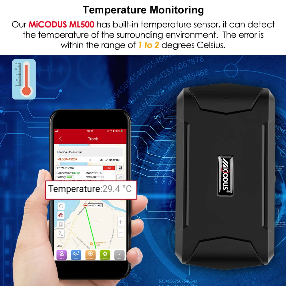 Tracker GPS pour voiture MiCODUS ML500, moniteur de température et de voix, 5000 mAh, 90 jours d'autonomie en veille, aimant, localisateur GPS, application Web gratuite