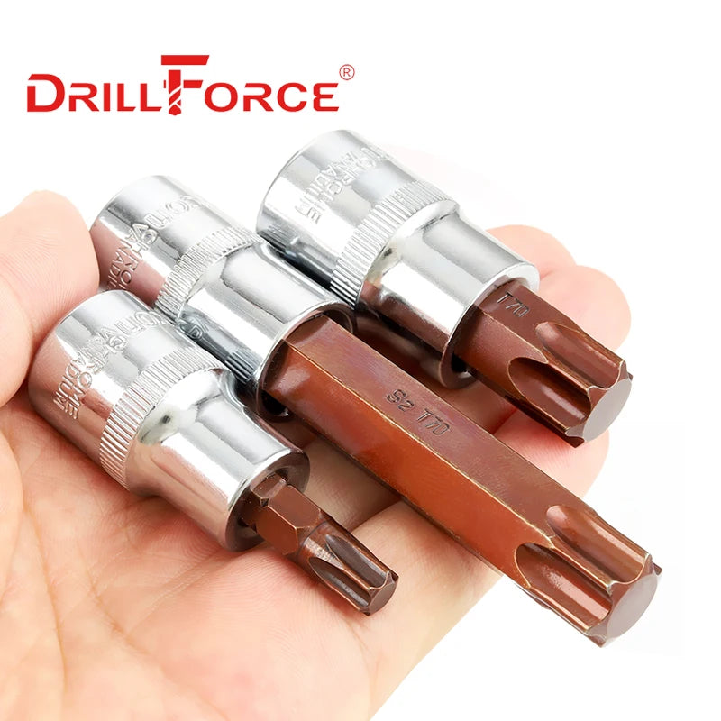 Drillforce 1/2" Drive Torx Socket Bit S2 Adaptor Cheie Cheie Instrumente de reparare T20/T25/T27/T30/T35/T40/T45/T50/T52/T55/T60/T70