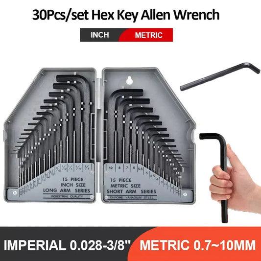 30PCS Allen Key Set Hex Wrench Screwdriver Set  0.028"- 3/8" Inch & 0.7mm-10mm L Type Metric Imperial Long Arm Wrench Hand Tools