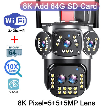 Cameră WIFI 8K UHD în aer liber Zoom optic 10X Urmărire automată PTZ Patru lentile Trei ecrane 15MP Cameră de securitate impermeabilă CCTV