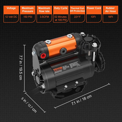 Kit de compresseur d'air embarqué VEVOR Compresseur d'air tout-terrain 150 PSI Gonfleur de pneu portable Pompe à air 3,5 CFM pour véhicule Jeep SUV 4x4