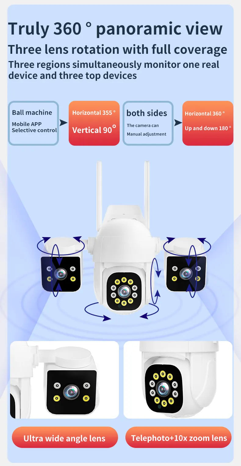 Cameră de supraveghere WiFi 6K 12MP, 3 lentile 3 ecrane, Zoom digital 10X, AI Human Detect, Camere IP PTZ de securitate în aer liber de 8mp