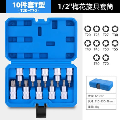 Set de 10 bucăți Hi-Spec Set de biți hexagonal de 1/2 inch Cheie hexagonală cu șase unghiuri pentru cheie cu clichet Instrument manual pentru reparații auto