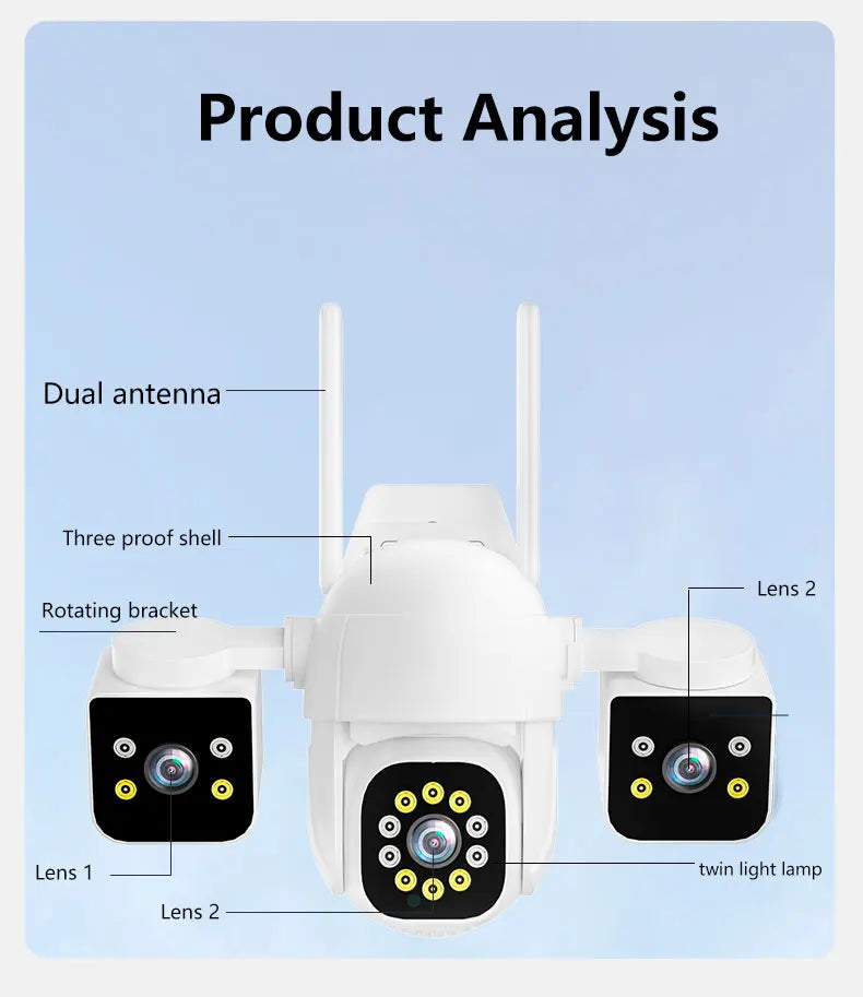 Cameră de supraveghere WiFi 6K 12MP, 3 lentile 3 ecrane, Zoom digital 10X, AI Human Detect, Camere IP PTZ de securitate în aer liber de 8mp