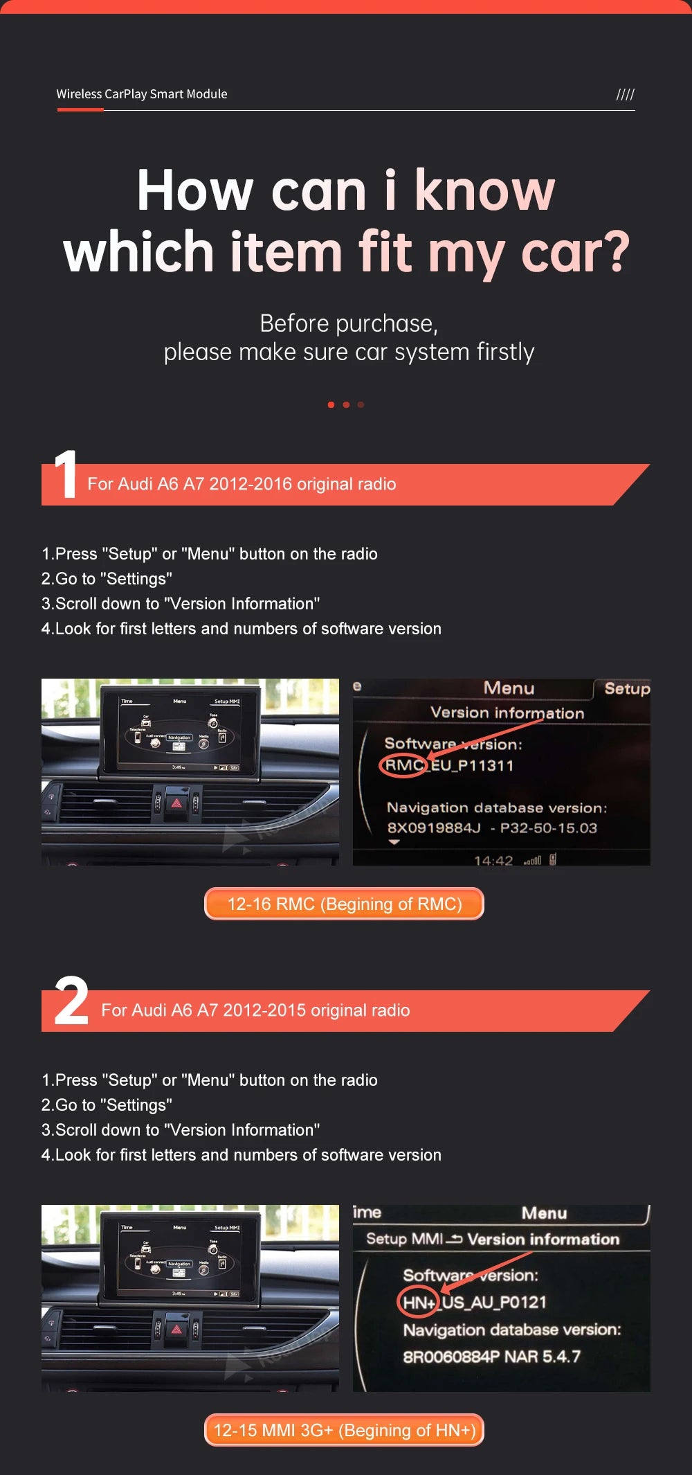 Road Top Wireless CarPlay for Audi A6 A7 2012-2018,with Android Auto Mirror Link AirPlay Bluetooth Rear Camera GPS Navigation