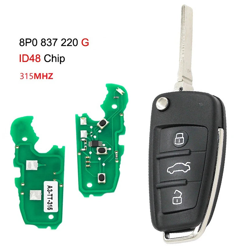 CN008043 Aftermarket 3 Buttons Flip Remote Car Key For A-udi A3 S3 TT Fob Control 315MHz ID48 FCCID 8P0 837 220 E 8P0 837 220 G