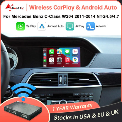 Road Top Wireless Carplay Android Auto for Mercedes Benz C-Class W204 2011-2014 NTG4.5/NTG4.7 with Mirror Link AirPlay Functions