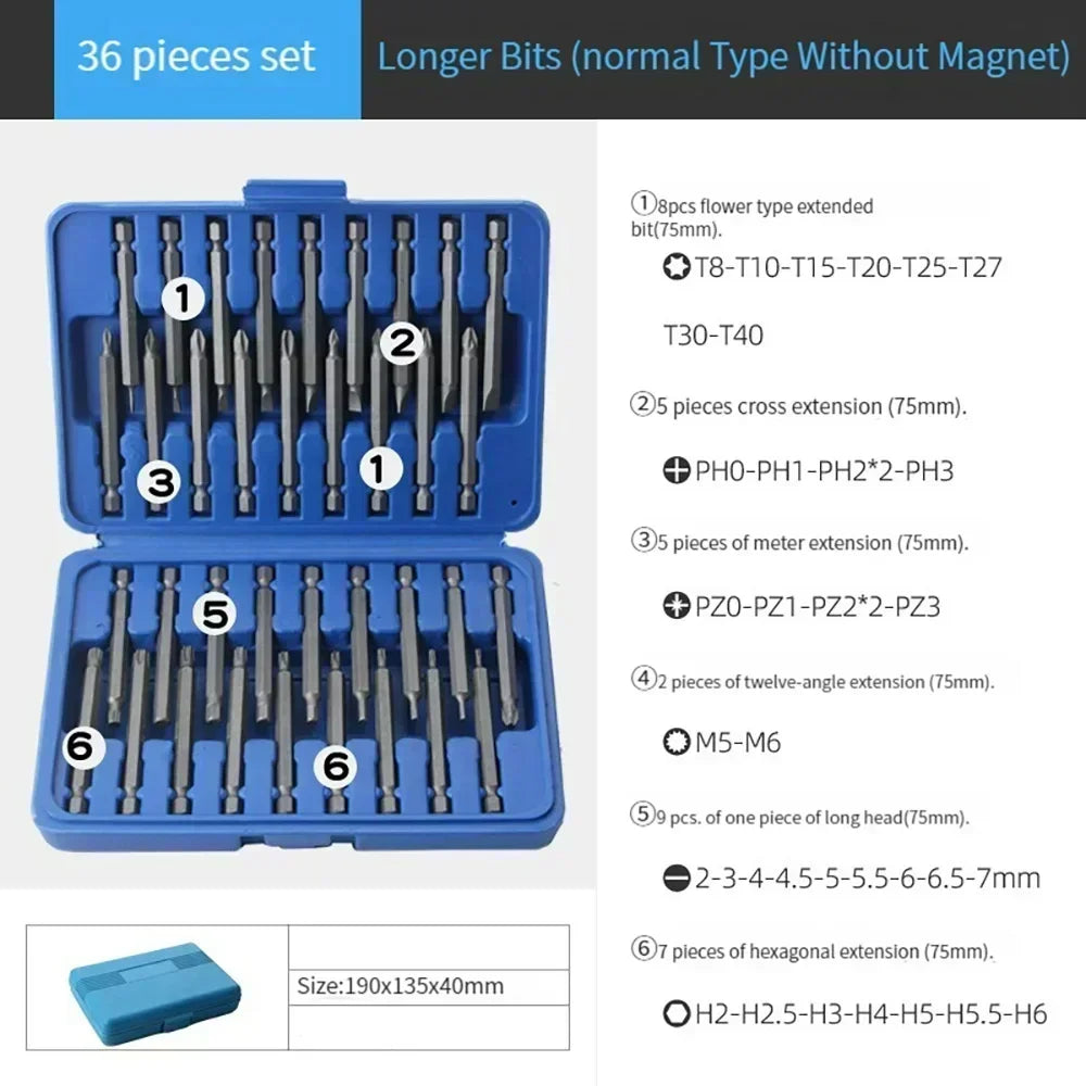 Ensemble d'embouts de tournevis magnétiques extra longs de 75 mm, 50/36 pièces, tête de sécurité 1/4, kit d'embouts de tournevis, ensemble d'embouts Torx Star Hex Spline