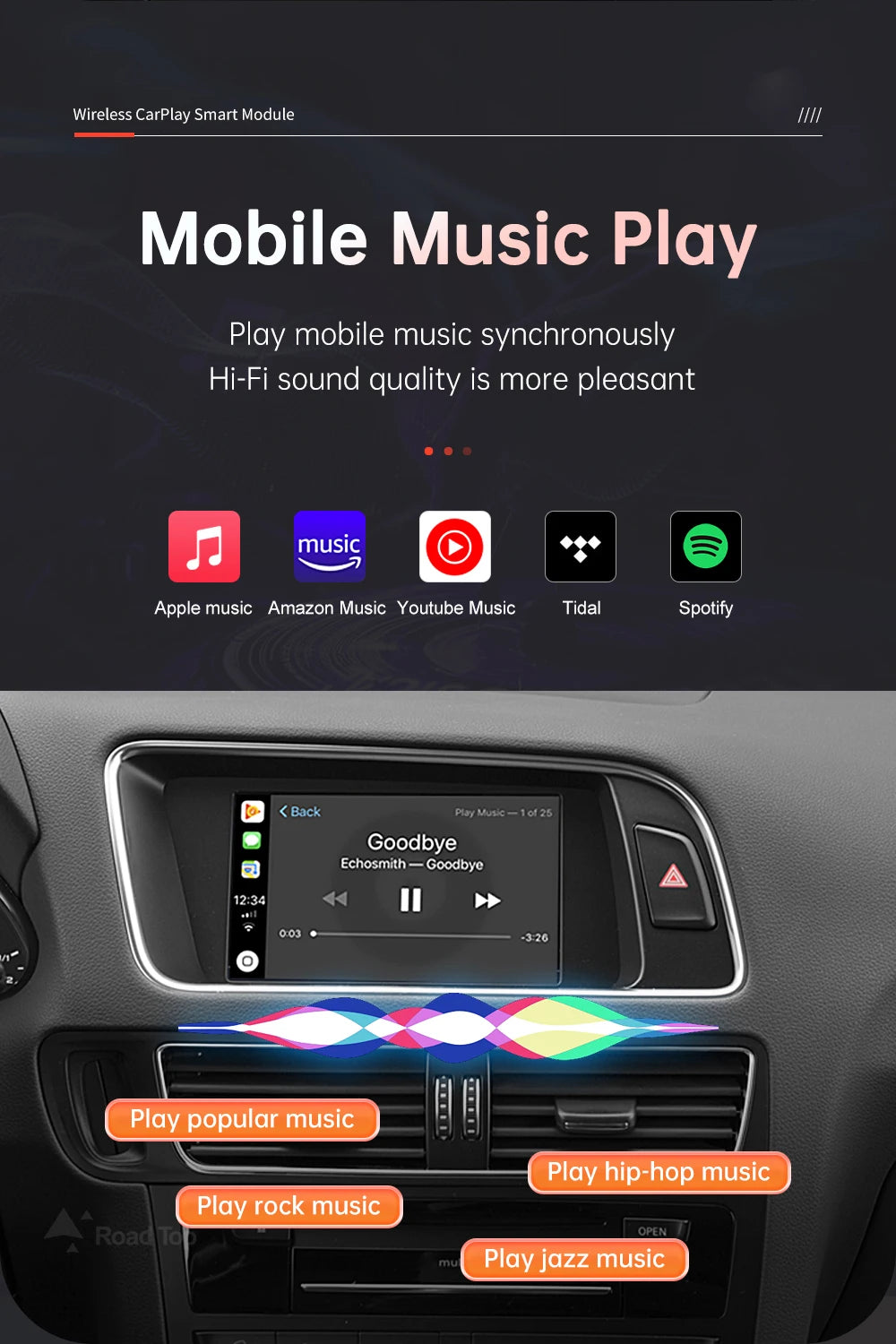 Road Top Wireless Carplay Module For Audi Q5 2009-2017, with Android Auto Airplay Mirror Link USB Player Rear Camerm Functions