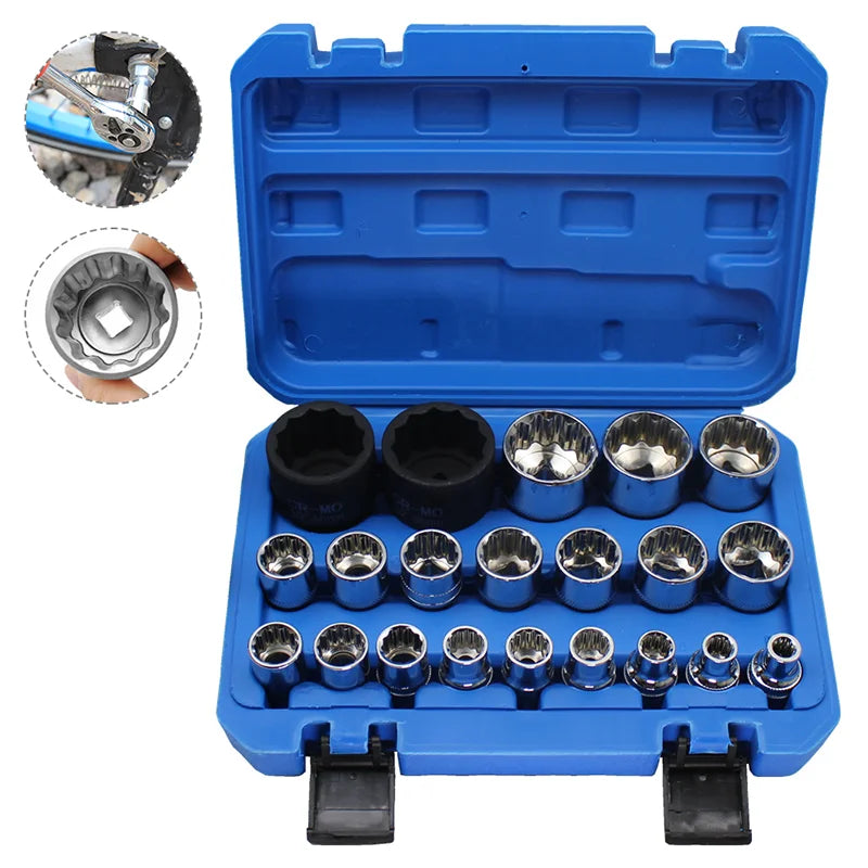 21pcs 1/2 Torx Sockets Set Ratchet Wrench Tool 12 Point 8-36mm Car Repair Tool Wrench Head Nut Removing Tool