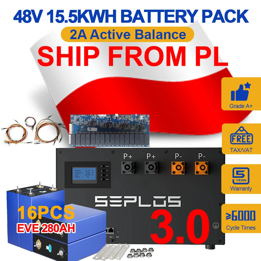 Poland 3.0 15KWH Seplos 16pcs 280AH Lifepo4 Battery  2A Active Balancer Pack  Power Bank Rechargeable Batteries Solar