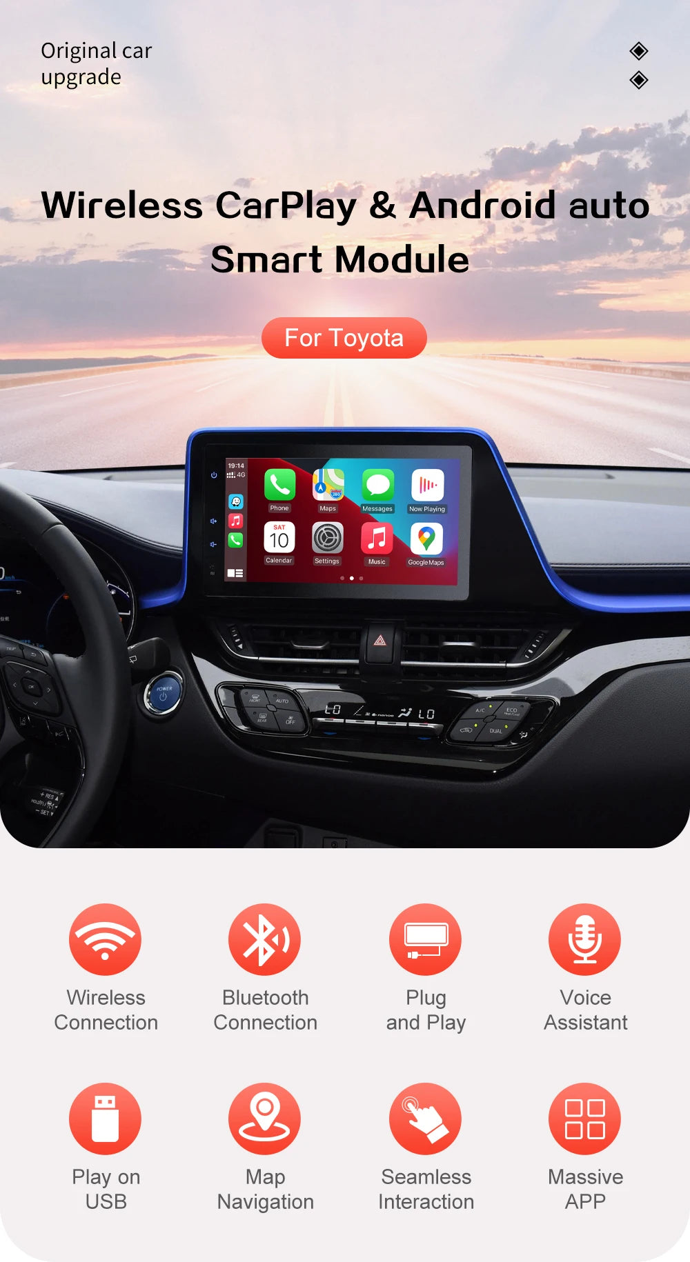 Carplay sans fil Android Auto pour Toyota 2014-2019 Tundra/Highlander/Tacoma/4Runner/Prius/Land Cruiser/Avalon/CH-R/Sienna