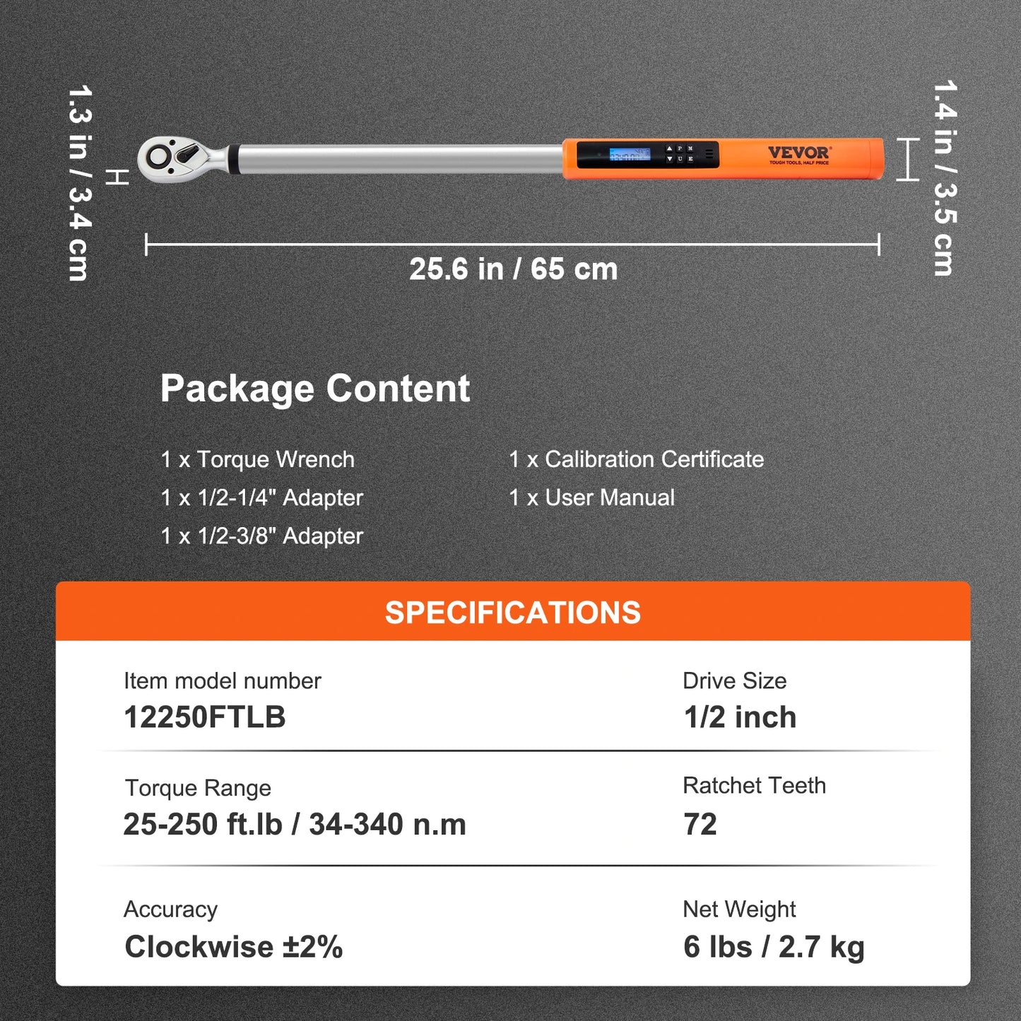 VEVOR 3/8" 1/2" Digital Torque Wrench Drive Electronic Torque Wrench Torque Wrench Kit 3.7-37/25-250ft.lb Torque Accurate Range