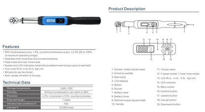 Shahe Tools Torque Wrench 1/4" 3/8" Adjustable Wrench Bidirectional Ratchet Head Torque Wrench Digital Hand Tools AWJ